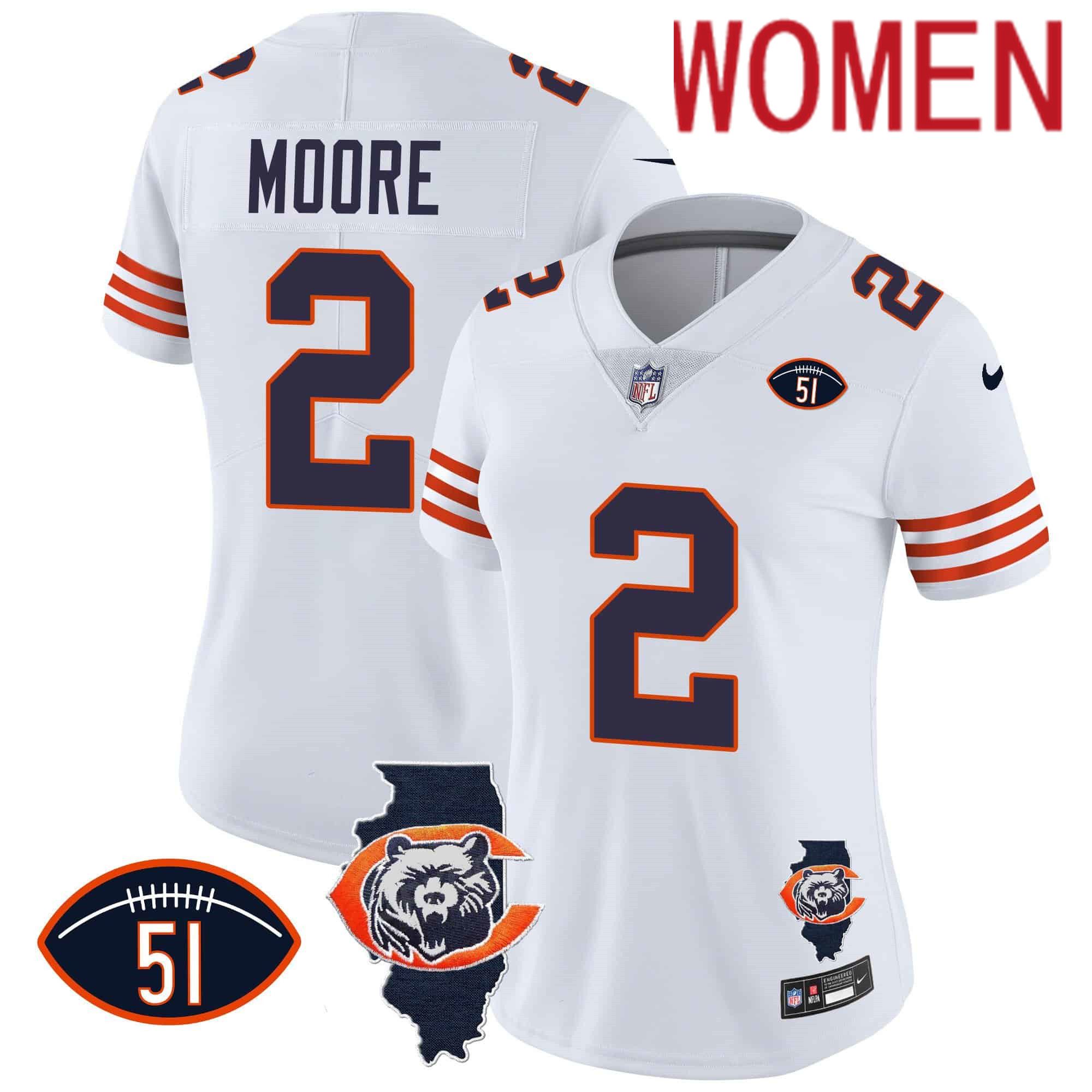 Women Chicago Bears #2 Moore White 2024 Nike Throwback Illinois Patch Vapor NFL Jersey